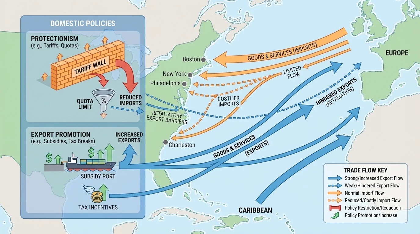 map of the eastern United States and Atlantic Ocean highlighting Boston, New York, Philadelphia, Charleston, and major trade routes to Europe and the Caribbean