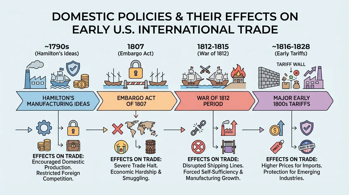 timeline showing Alexander Hamilton's manufacturing ideas, the Embargo Act of 1807, the War of 1812 period, and major early 1800s tariffs