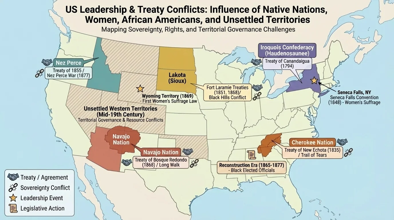 Map of the United States highlighting regions associated with major Native nations and territories involved in treaty and sovereignty conflicts