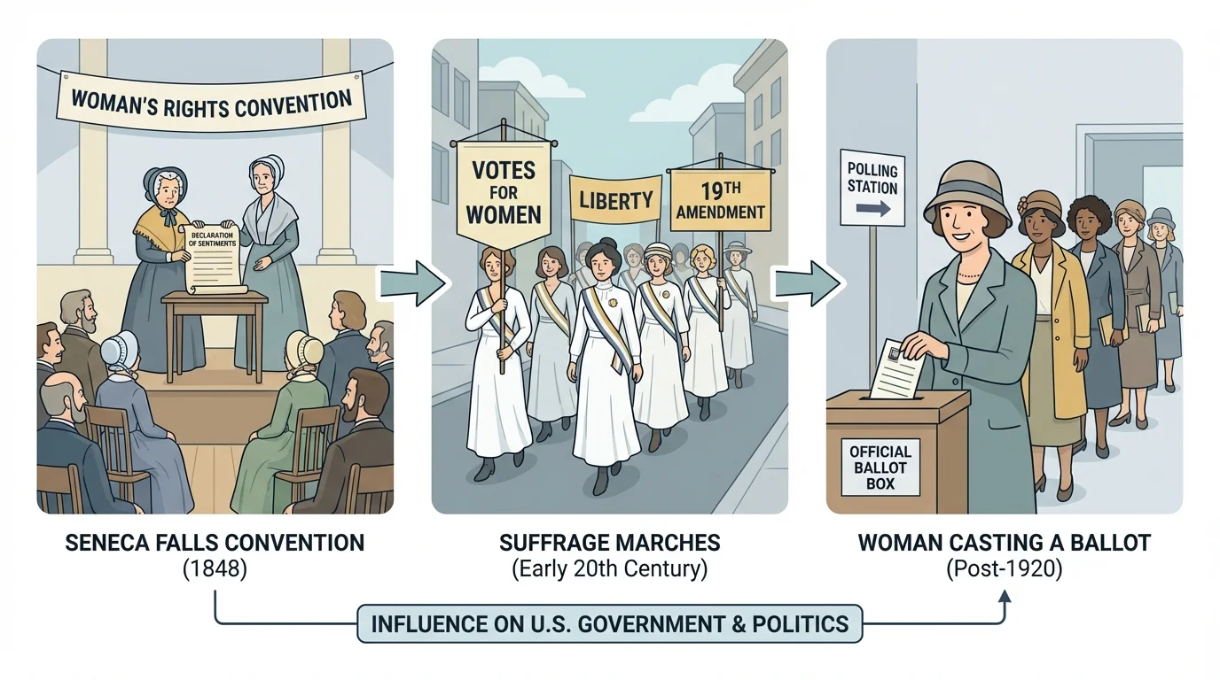 Illustration of Seneca Falls convention, suffrage marchers, and a woman casting a ballot