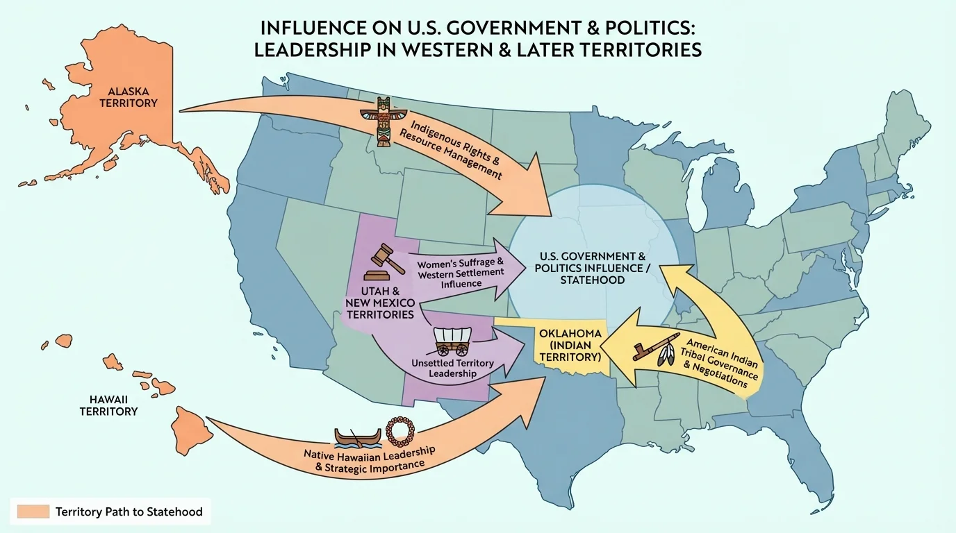 Map highlighting western territories and later territories such as New Mexico, Utah, Oklahoma, Alaska, and Hawaii with arrows toward statehood
