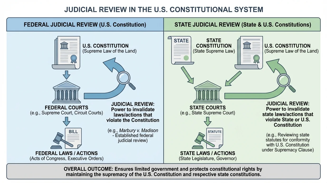 Side-by-side comparison chart showing federal courts reviewing federal laws under the U.S. Constitution and state courts reviewing state laws under state constitutions and the U.S. Constitution