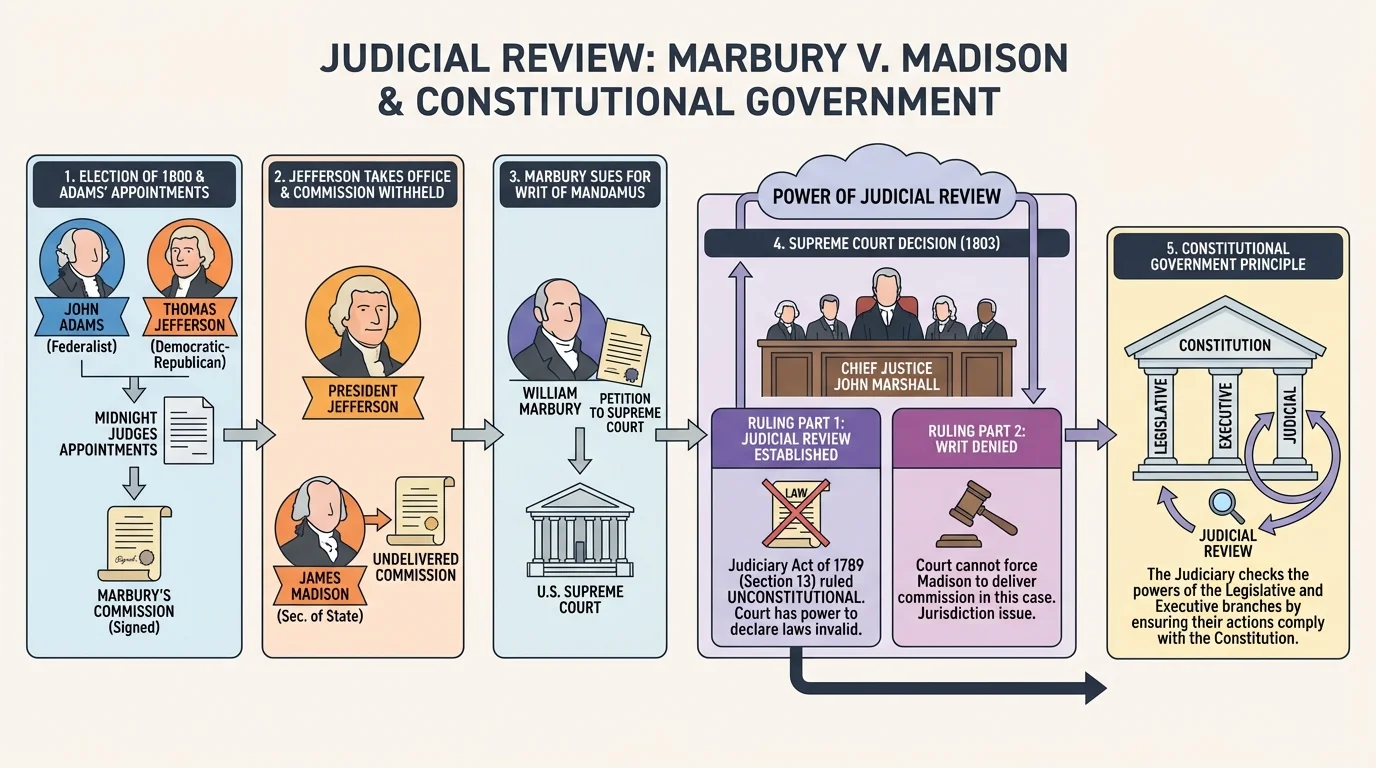 Election of 1800, Adams appoints judges, Marbury's commission is not delivered, Jefferson takes office, Marbury sues, Supreme Court decision in 1803