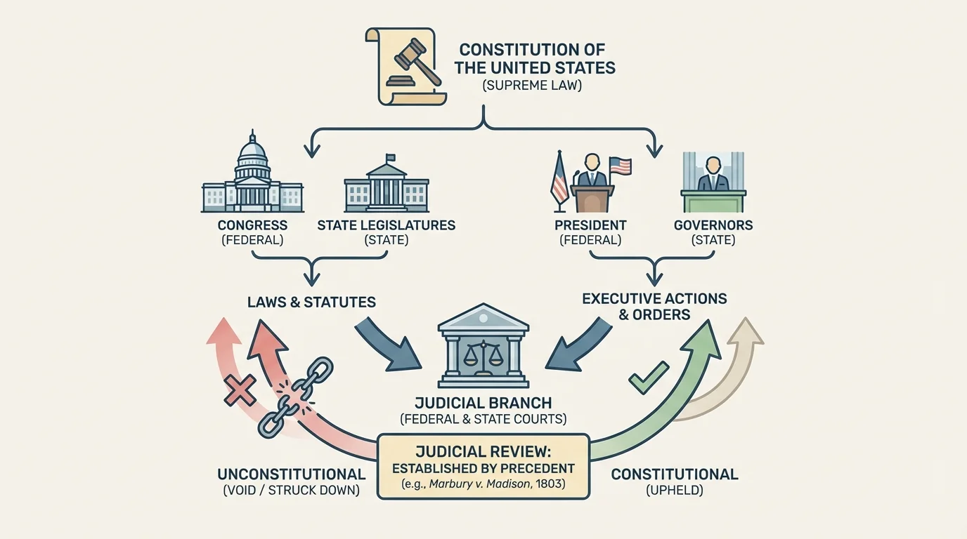 Constitution at the top, with Congress and state legislatures creating laws and presidents and governors taking actions, and courts reviewing whether those laws and actions are constitutional