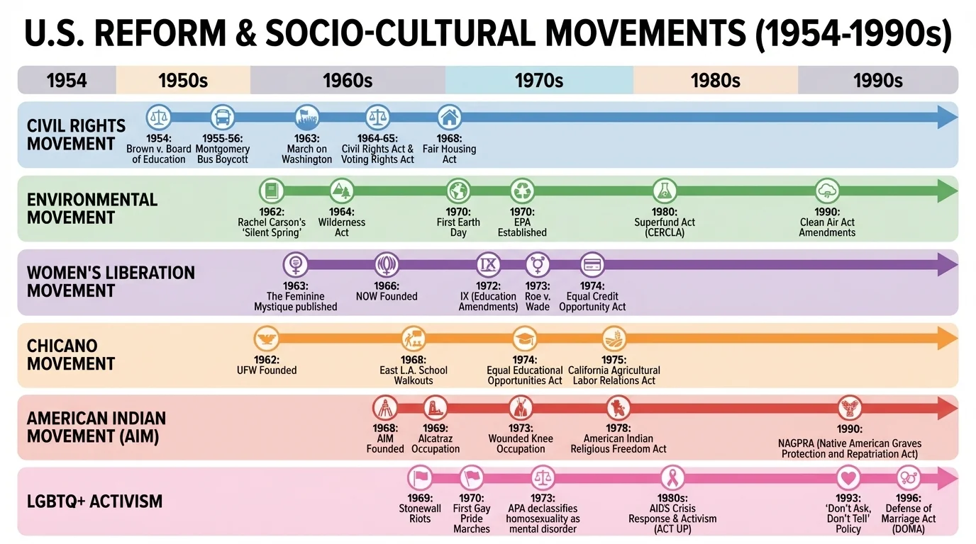 Timeline of major U.S. reform and socio-cultural movements from 1954 to the 1990s, including civil rights, women's liberation, Chicano movement, American Indian Movement, environmental movement, and LGBTQ+ activism