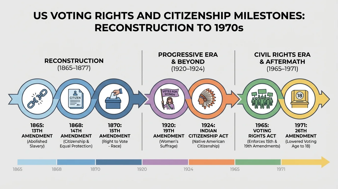 Timeline of major U.S. voting rights and citizenship milestones from Reconstruction to the 1970s, including 13th, 14th, 15th, 19th, Indian Citizenship Act, Voting Rights Act, and 26th Amendment