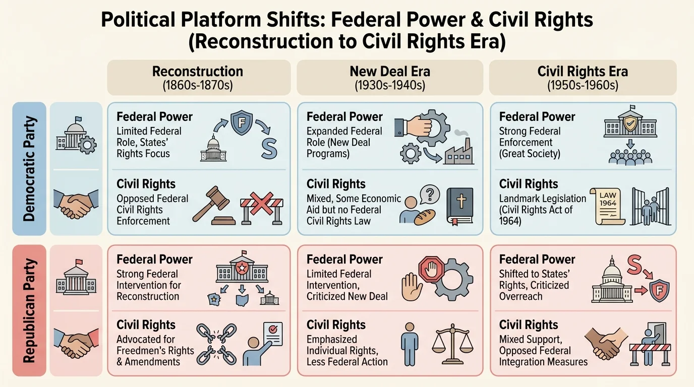Comparison chart of Democratic and Republican platform shifts across three eras—Reconstruction, New Deal, and civil rights era—focusing on federal power and civil rights