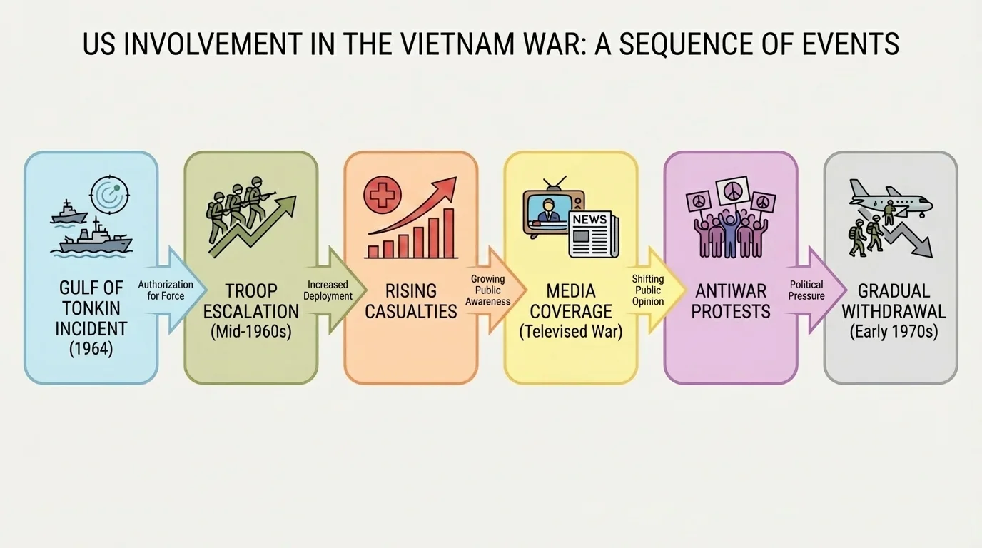 flowchart showing Gulf of Tonkin, troop escalation, rising casualties, media coverage, antiwar protest, and gradual withdrawal