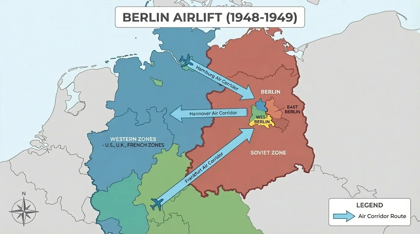 map showing divided Germany, West Berlin sectors inside Soviet zone, and airlift routes from West Germany into Berlin