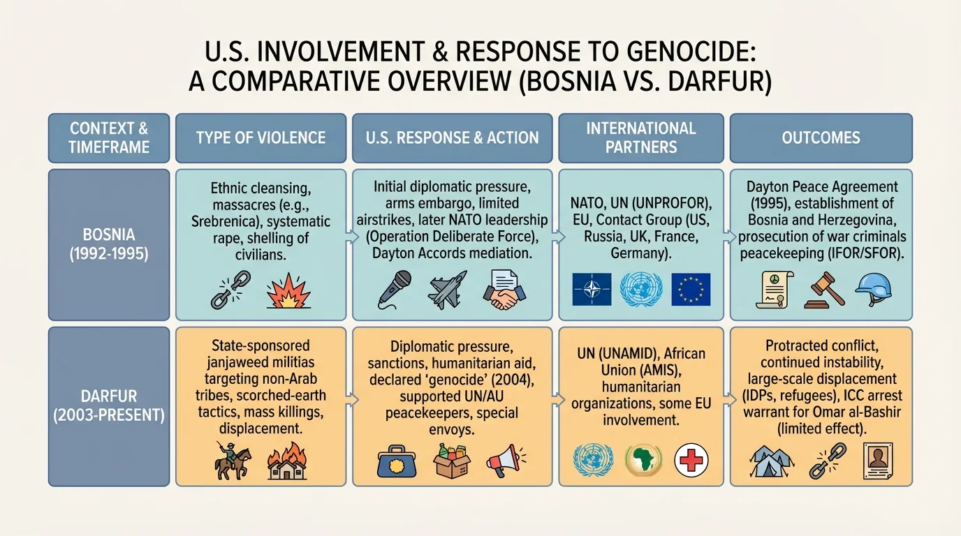chart comparing Bosnia and Darfur by type of violence, U.S. response, international partners, and outcomes