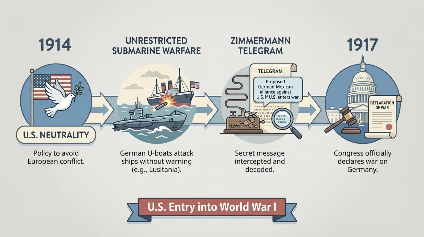 timeline showing U.S. neutrality in 1914, unrestricted submarine warfare, Zimmermann Telegram, and declaration of war in 1917