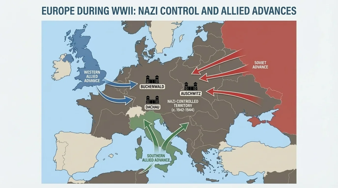 map of Europe with Nazi-controlled territory and labeled camps such as Auschwitz, Dachau, and Buchenwald, plus Allied advance routes