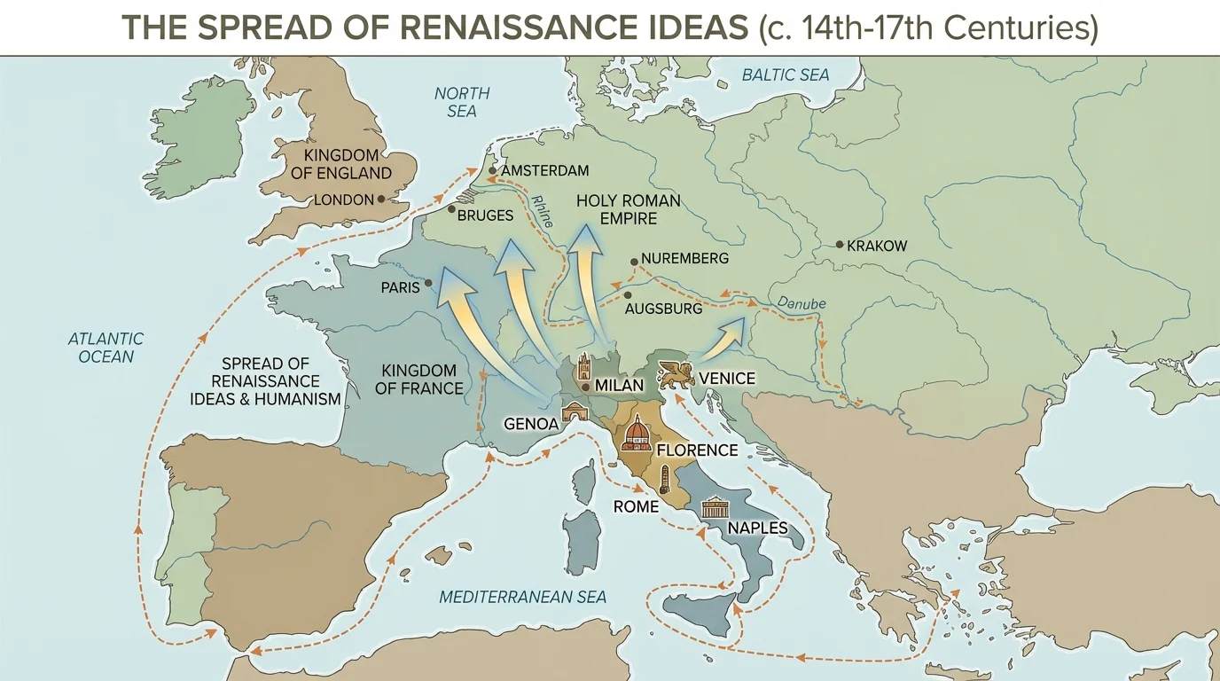 Map of Europe highlighting Italian city-states, major trade routes, and spread of Renaissance ideas northward