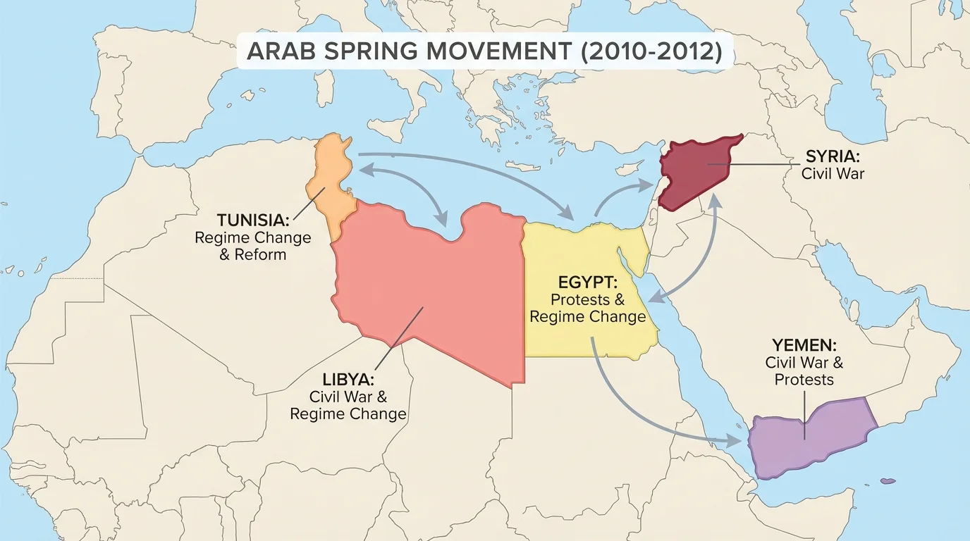 Map highlighting Tunisia, Egypt, Libya, Syria, and Yemen with labels for protest, regime change, civil war, or reform