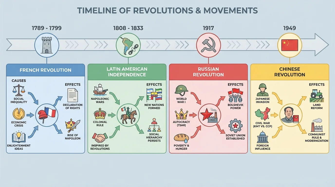 Timeline showing French Revolution, Latin American independence movements, Russian Revolution, and Chinese Revolution
