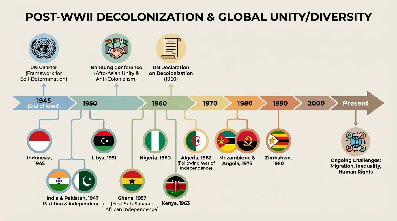 timeline of decolonization after World War II with selected independence dates including India 1947, Ghana 1957, Algeria 1962, and other key postcolonial states