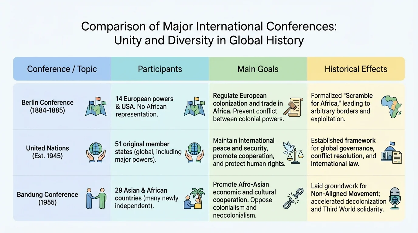 comparison chart of Berlin Conference, United Nations, and Bandung Conference with rows for participants, main goals, and historical effects
