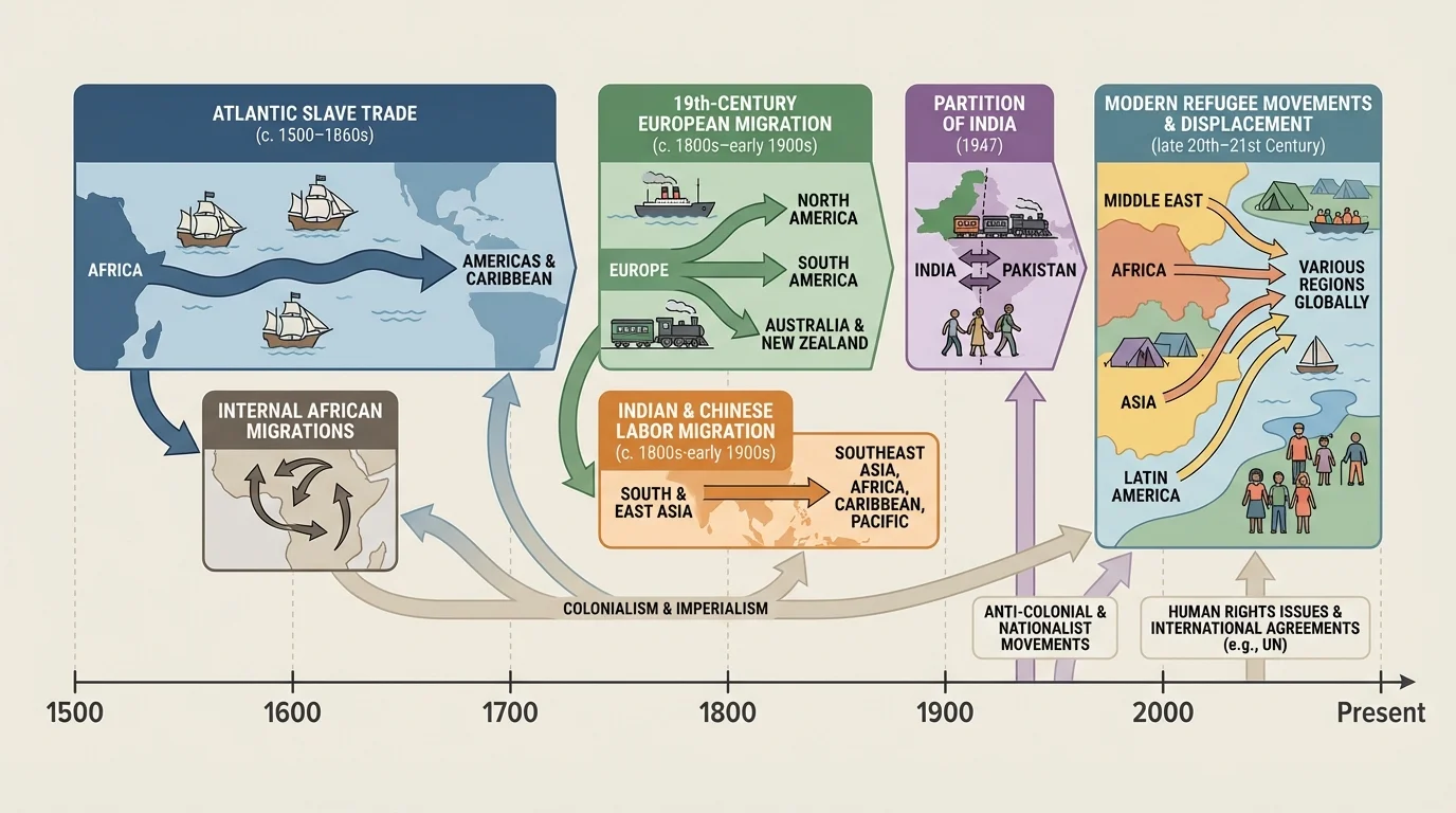 timeline of major migration waves from 1500 to present including Atlantic slave trade, nineteenth-century European migration, Indian and Chinese labor migration, partition of India, and modern refugee movements