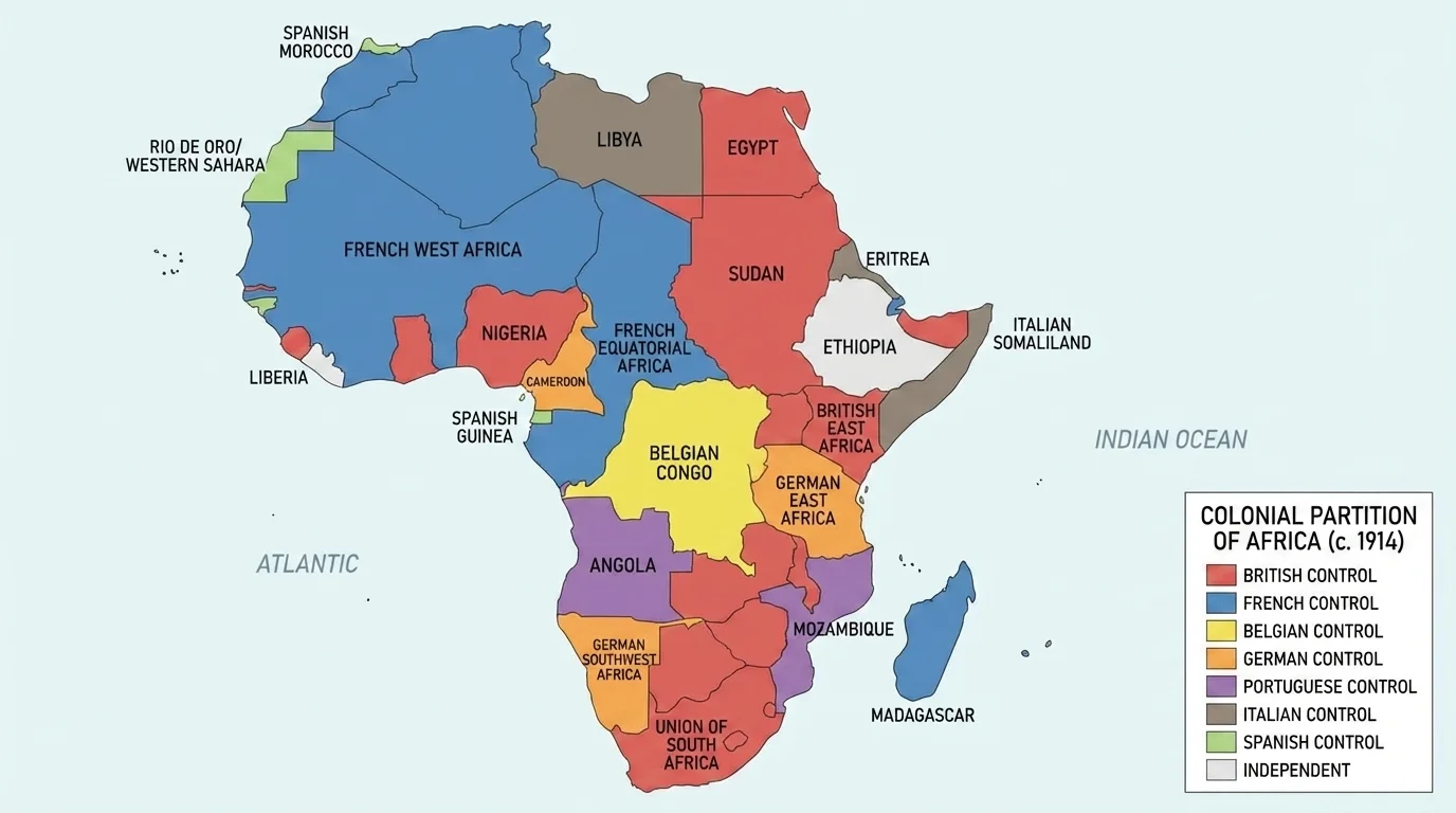 map of Africa during the colonial partition with regions shaded by British, French, Belgian, German, Portuguese, and Italian control, emphasizing imposed borders