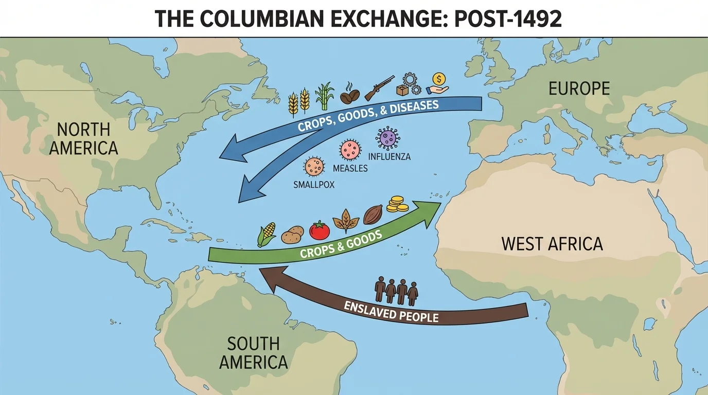 Atlantic world map showing Europe, West Africa, and the Americas with arrows for movement of crops, enslaved people, goods, and diseases after 1492