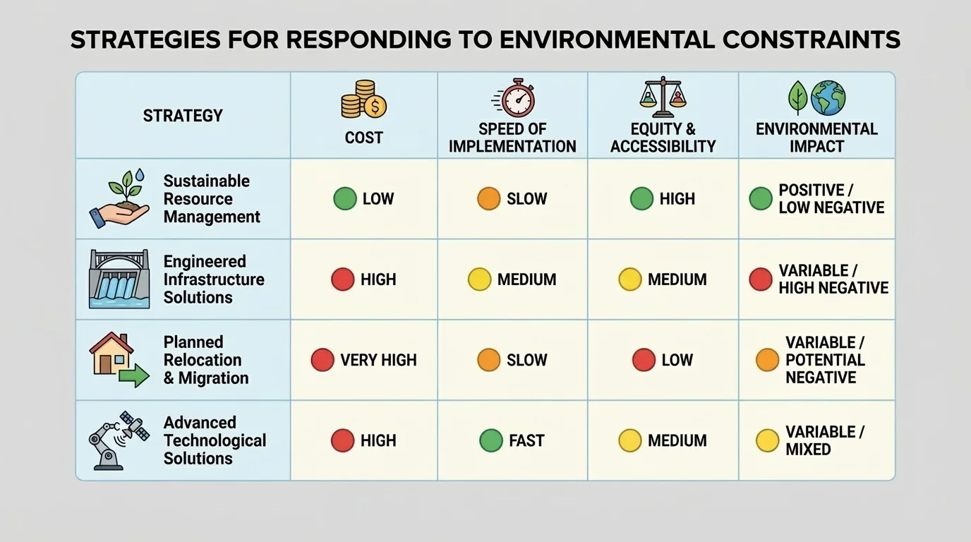 decision matrix chart comparing four strategies by cost, speed, equity, and environmental impact using simple ratings