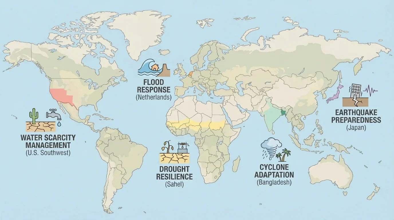 world map highlighting the Netherlands, Sahel, Japan, U.S. Southwest, and Bangladesh with icons for flood, drought, earthquake, water scarcity, and cyclone