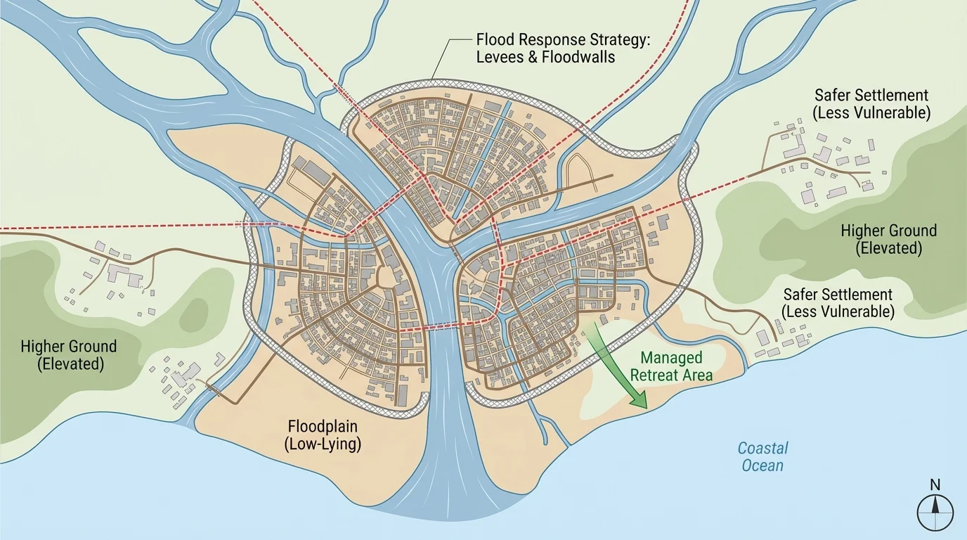 map of a coastal river delta city showing floodplain, higher ground, river channels, transport routes, dense settlement on low land, and safer settlement on elevated land