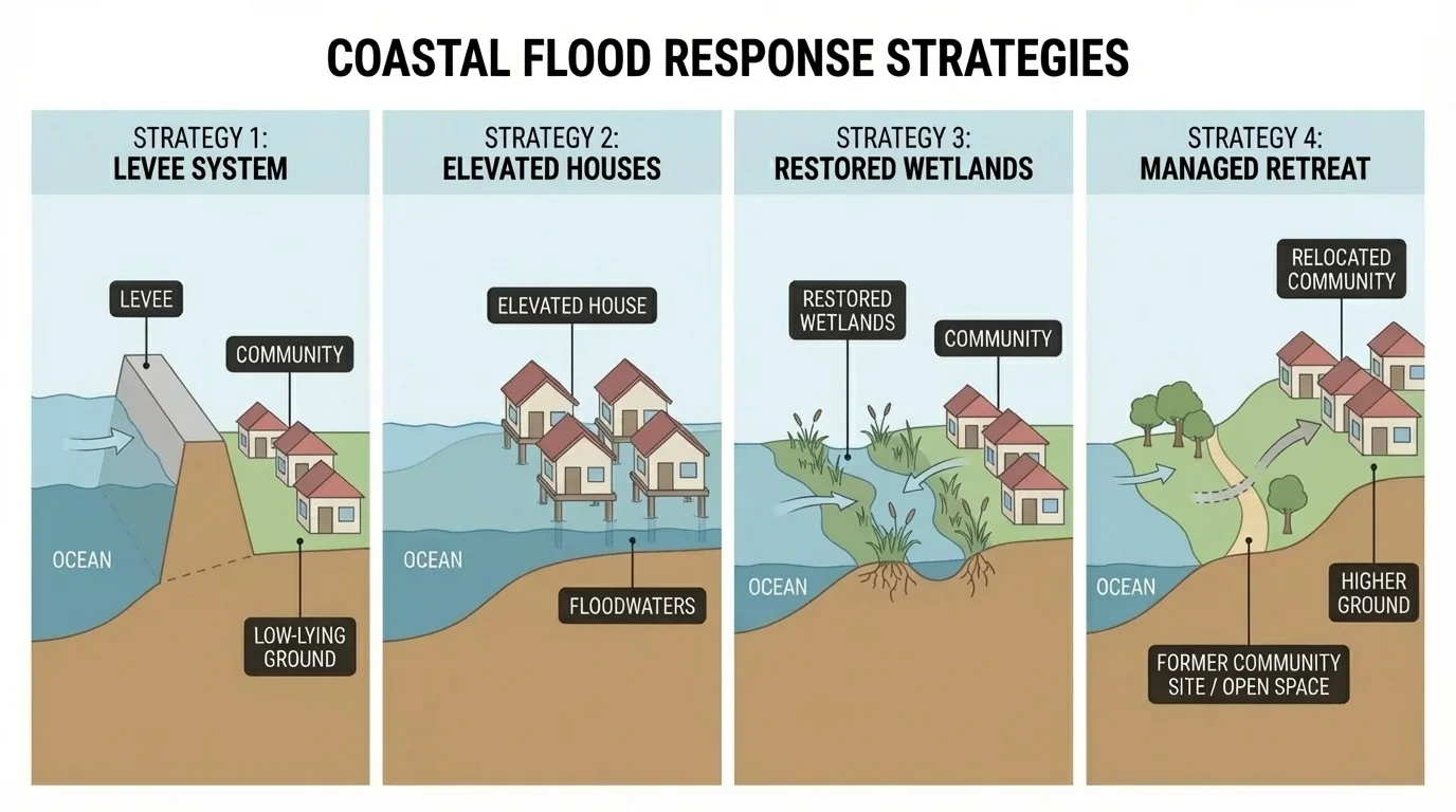 comparison diagram of a flood-prone coastal community showing levee, elevated houses, restored wetlands, and managed retreat to higher ground