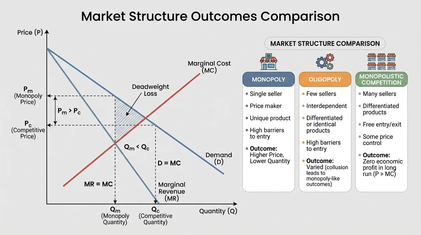 market graph with downward-sloping demand, marginal revenue below demand, marginal cost curve, monopoly quantity lower than competitive quantity, and monopoly price higher