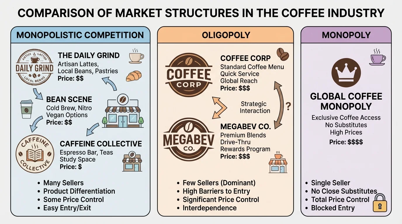 comparison chart of several coffee shops in one market, each with different branding, menu style, and slightly different prices to show product differentiation and many sellers