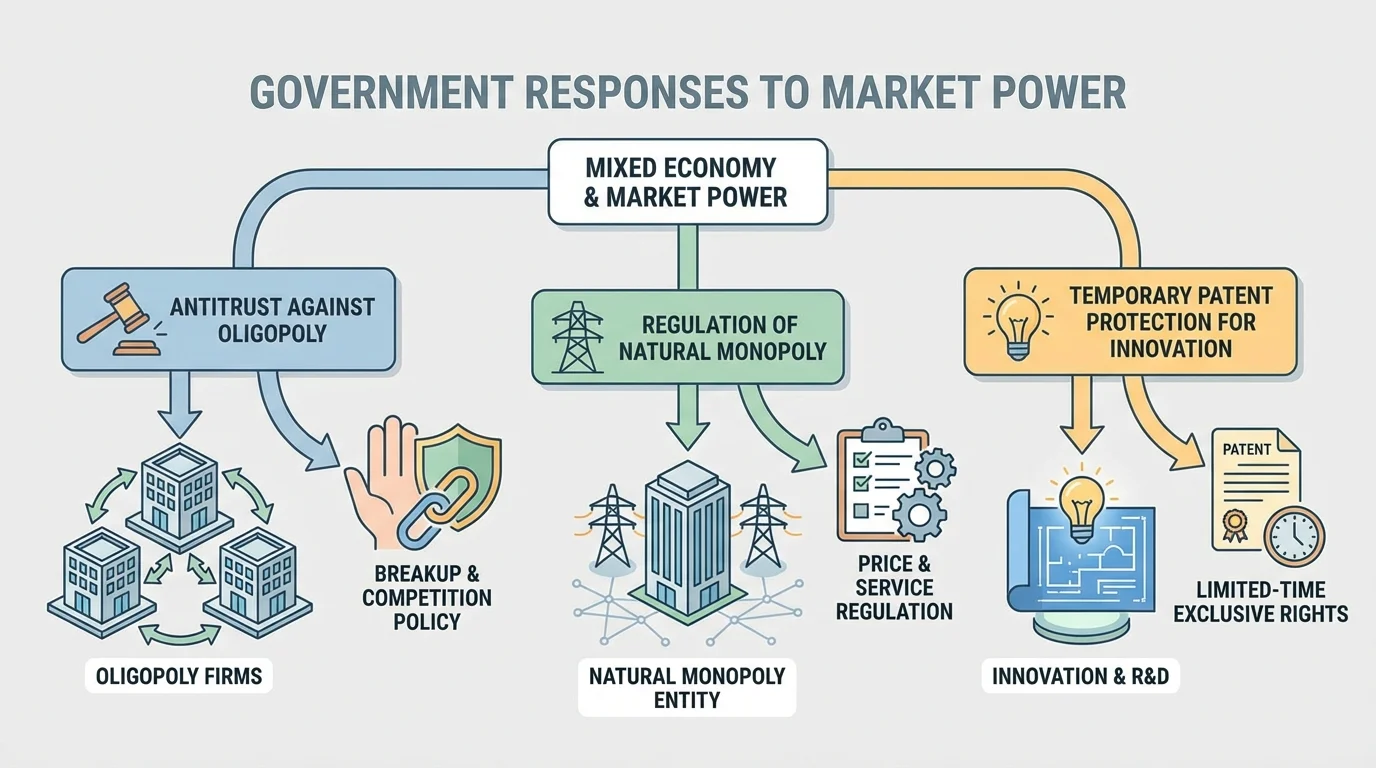 government responses to market power in a mixed economy with branches for antitrust against oligopoly, regulation of natural monopoly, and temporary patent protection for innovation