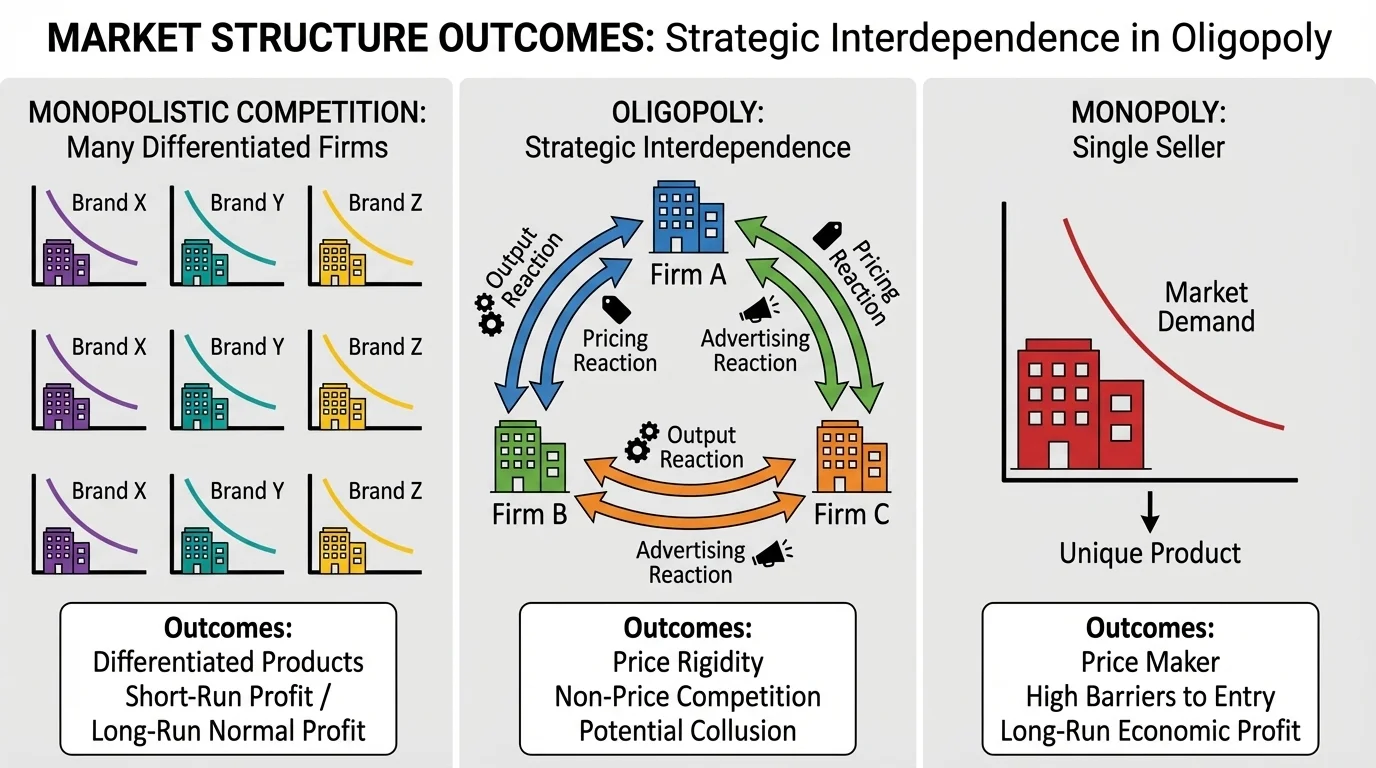 three major firms in one market with arrows between them showing reactions in pricing, advertising, and output decisions to illustrate strategic interdependence in oligopoly
