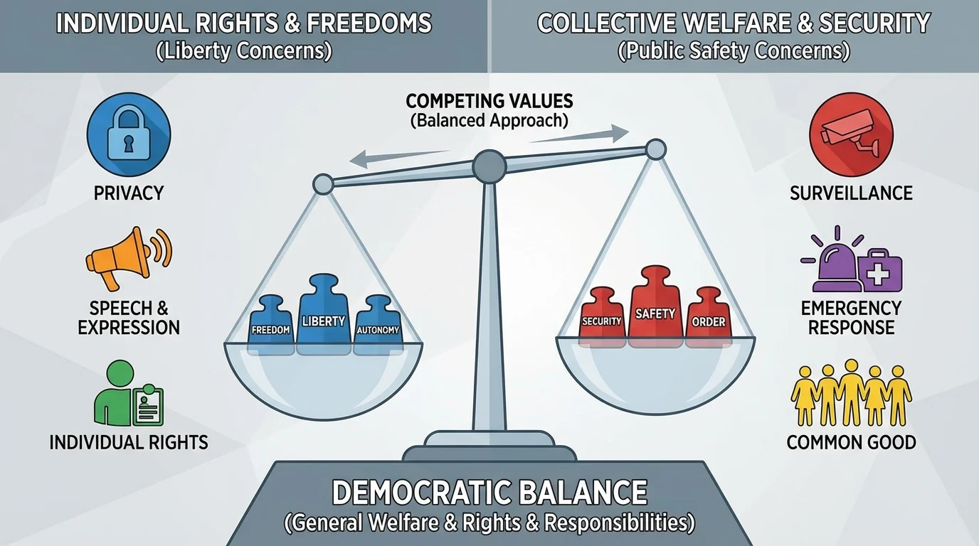 Two-column civic balance chart with liberty concerns such as privacy and speech on one side and public safety concerns such as surveillance and emergency response on the other