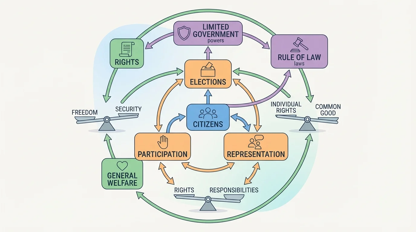 Connected democratic principles diagram with citizens, elections, rule of law, rights, participation, representation, and limited government linked by arrows