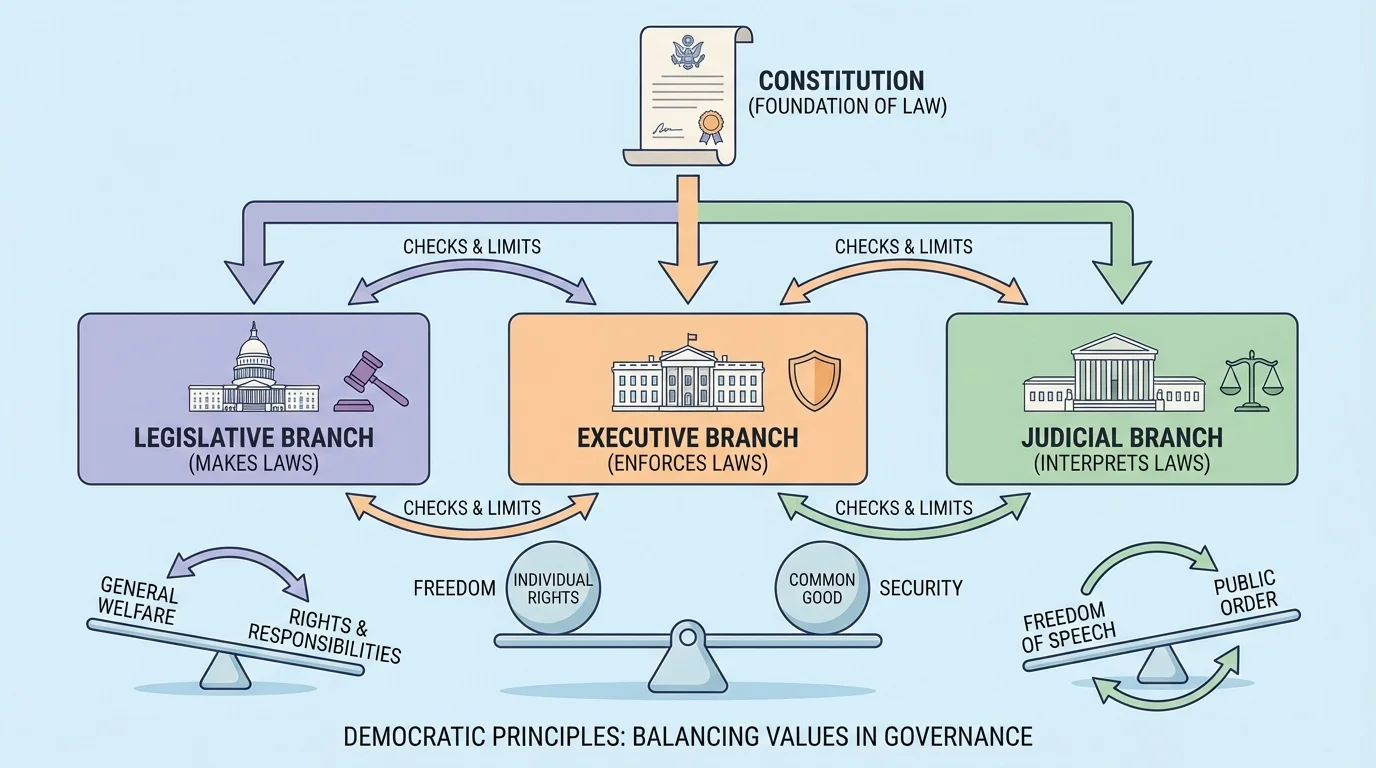 Constitution at top with arrows to legislative, executive, and judicial branches, and arrows among branches showing checks and limits