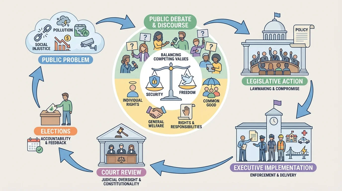 Democratic balancing process from public problem to public debate, legislative action, executive implementation, court review, and elections feeding back into policy