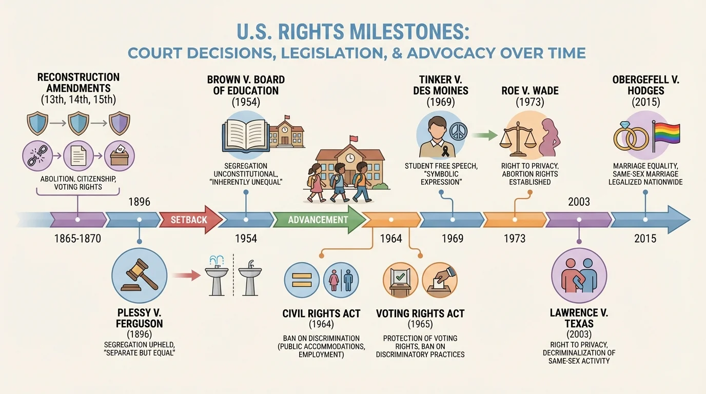 timeline of major U.S. rights milestones including Reconstruction Amendments, Plessy v. Ferguson, Brown v. Board of Education, Civil Rights Act, Voting Rights Act, Tinker v. Des Moines, Roe v. Wade, Lawrence v. Texas, Obergefell v. Hodges