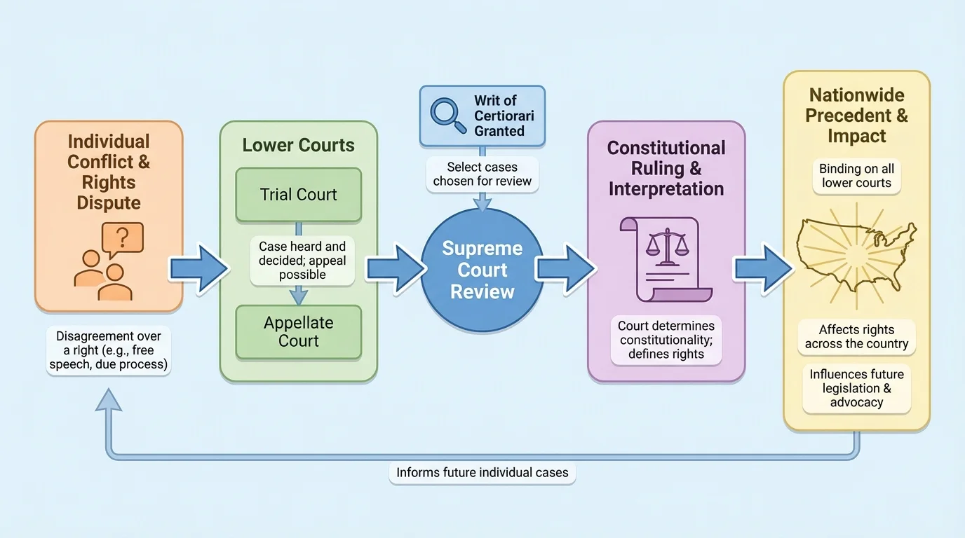 flowchart showing how a rights dispute moves from an individual conflict to lower courts, Supreme Court review, constitutional ruling, and nationwide precedent