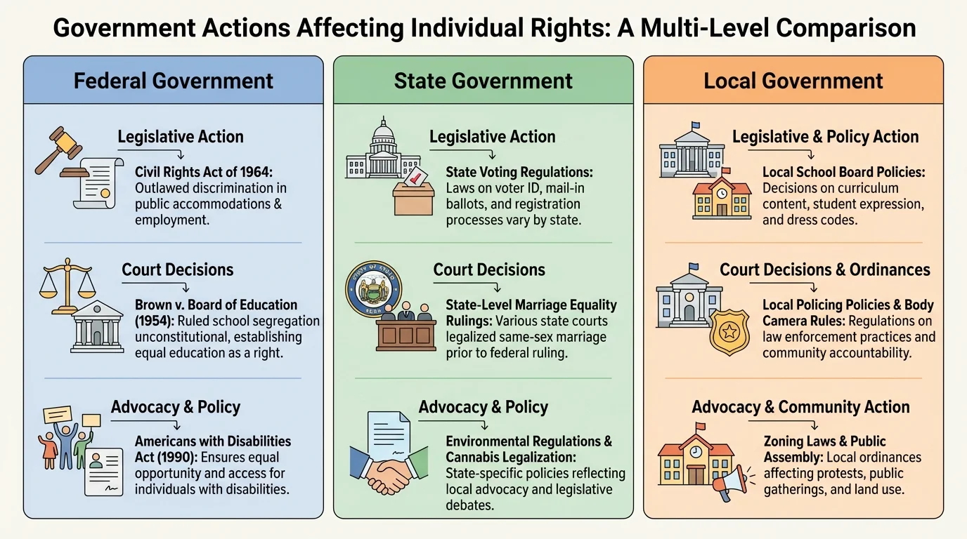 chart comparing federal, state, and local government actions affecting rights, with concise examples for each level such as federal civil rights law, state voting regulations, and local school or policing policies