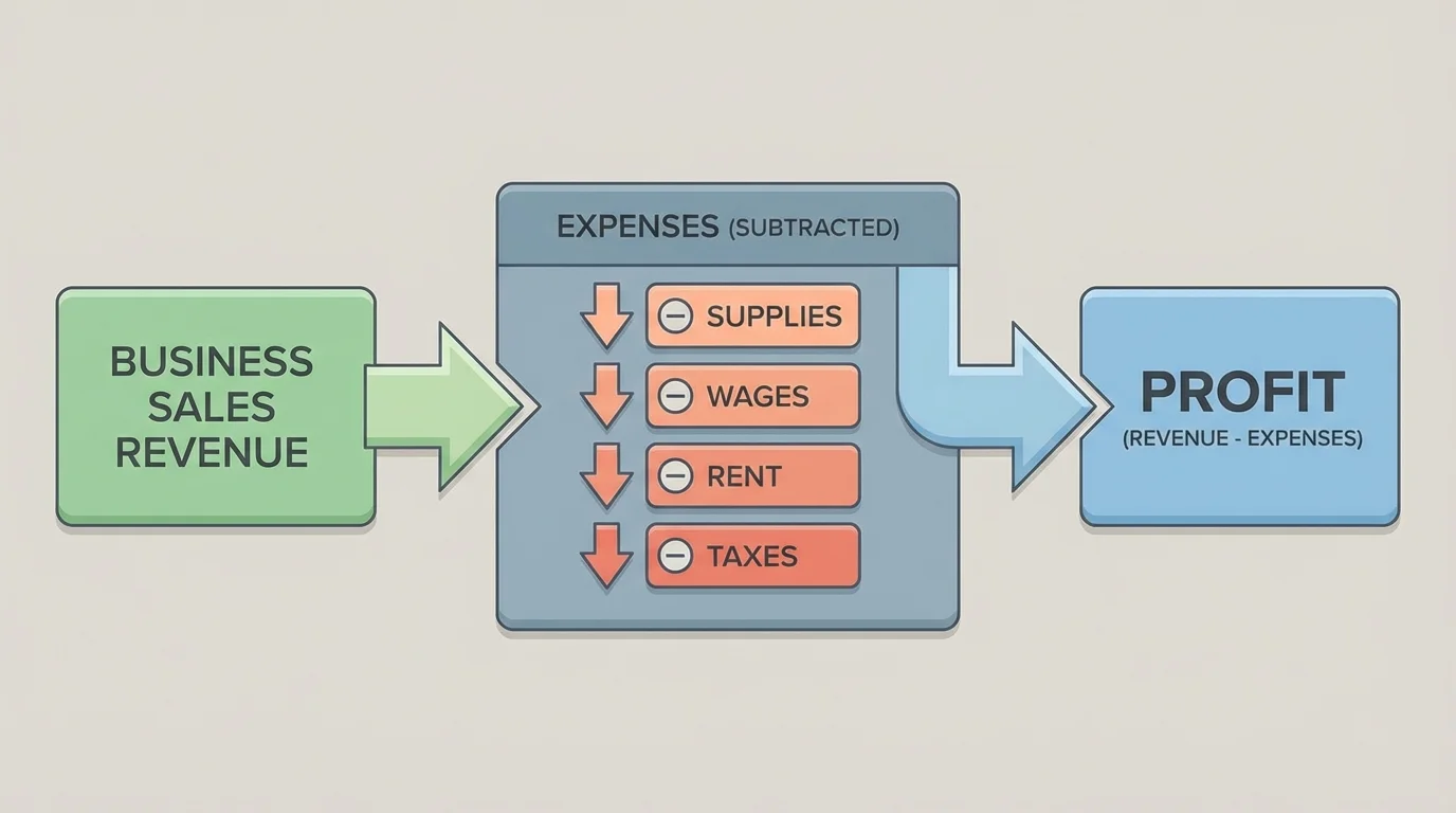 flowchart showing business sales revenue entering, then expenses such as supplies, wages, rent, and taxes being subtracted to leave profit