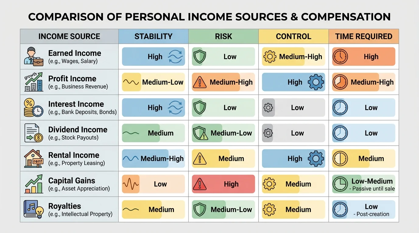 chart comparing earned income, profit income, interest income, dividend income, rental income, capital gains, and royalties across stability, risk, control, and time required