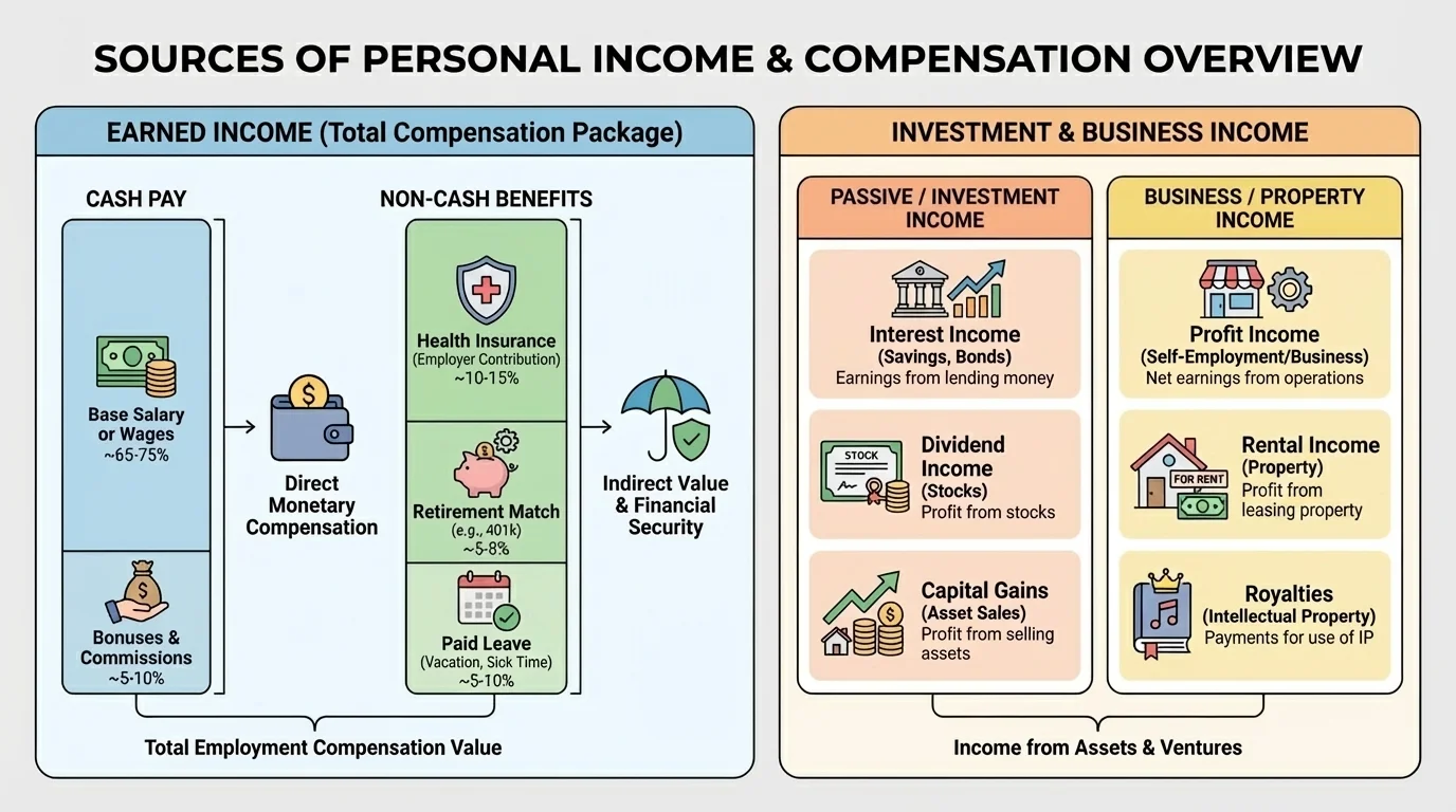 chart comparing cash pay and non-cash benefits in a total compensation package, including salary or wages, health insurance, retirement match, and paid leave