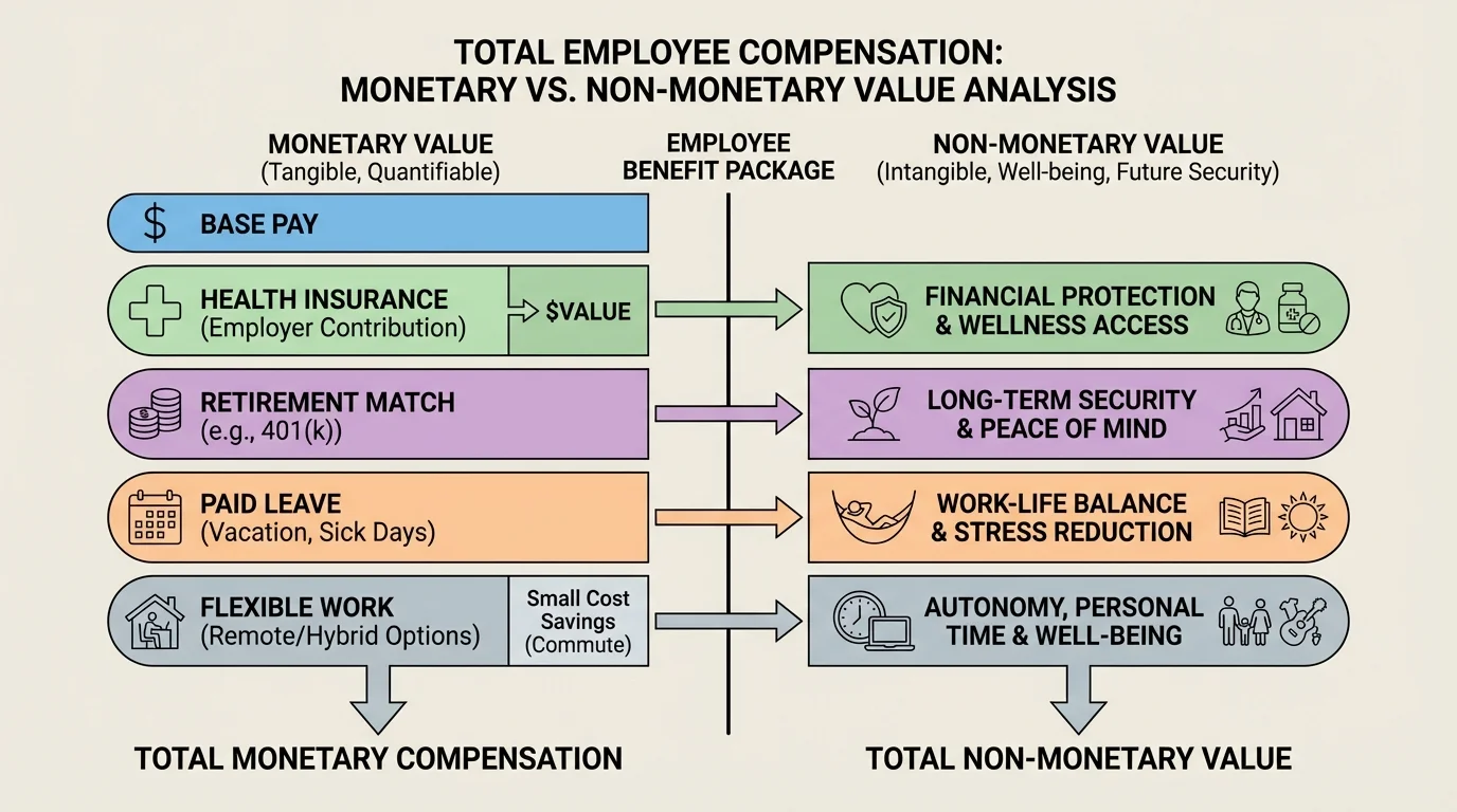 comparison chart showing one employee compensation package broken into base pay, health insurance, retirement match, paid leave, and flexible work options