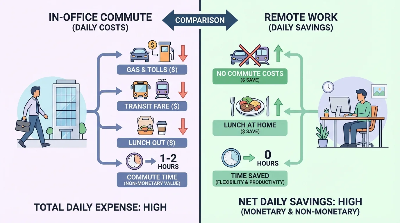 worker comparing daily in-office commute costs with remote work savings, showing gas, transit fare, lunch, and time