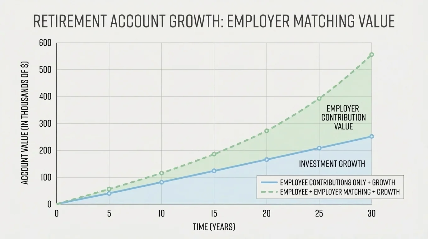 line graph comparing retirement account growth over time with employer matching versus without matching