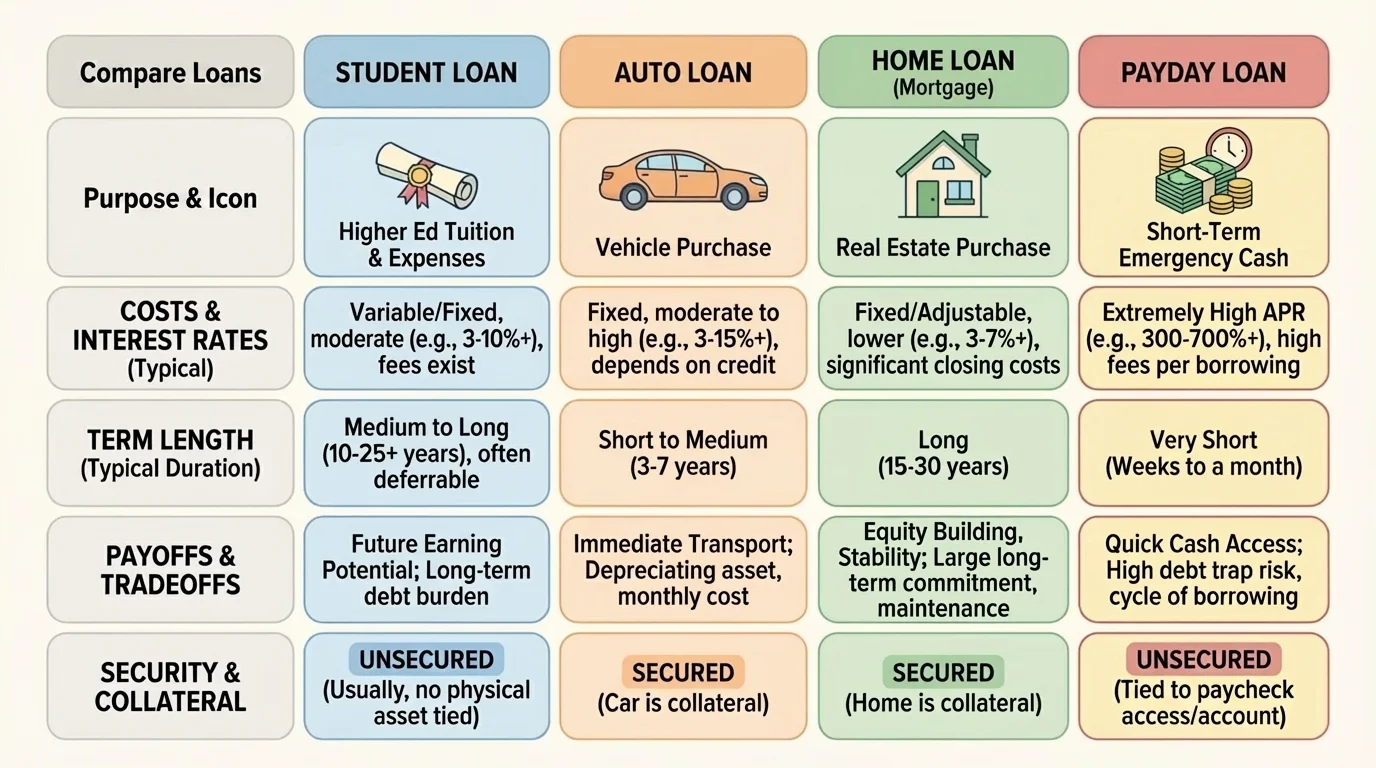 comparison chart of student, auto, home, and payday loans with icons for education, car, house, and cash, plus term length and secured versus unsecured labels