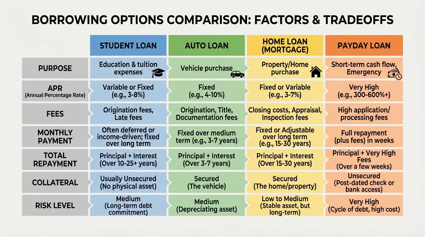 chart comparing borrowing factors: purpose, APR, fees, monthly payment, total repayment, collateral, and risk level across several loan choices