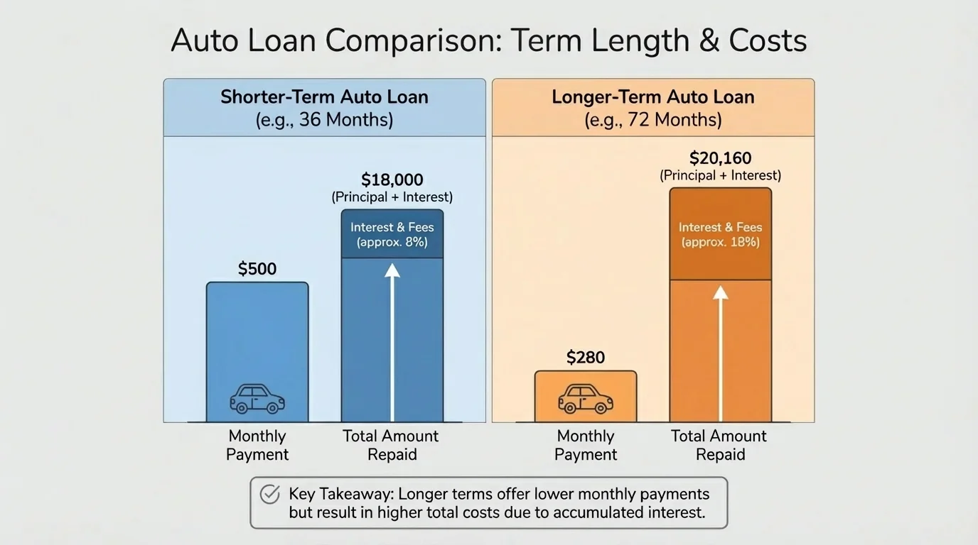 chart comparing a shorter-term auto loan and a longer-term auto loan with bars for monthly payment and total amount repaid