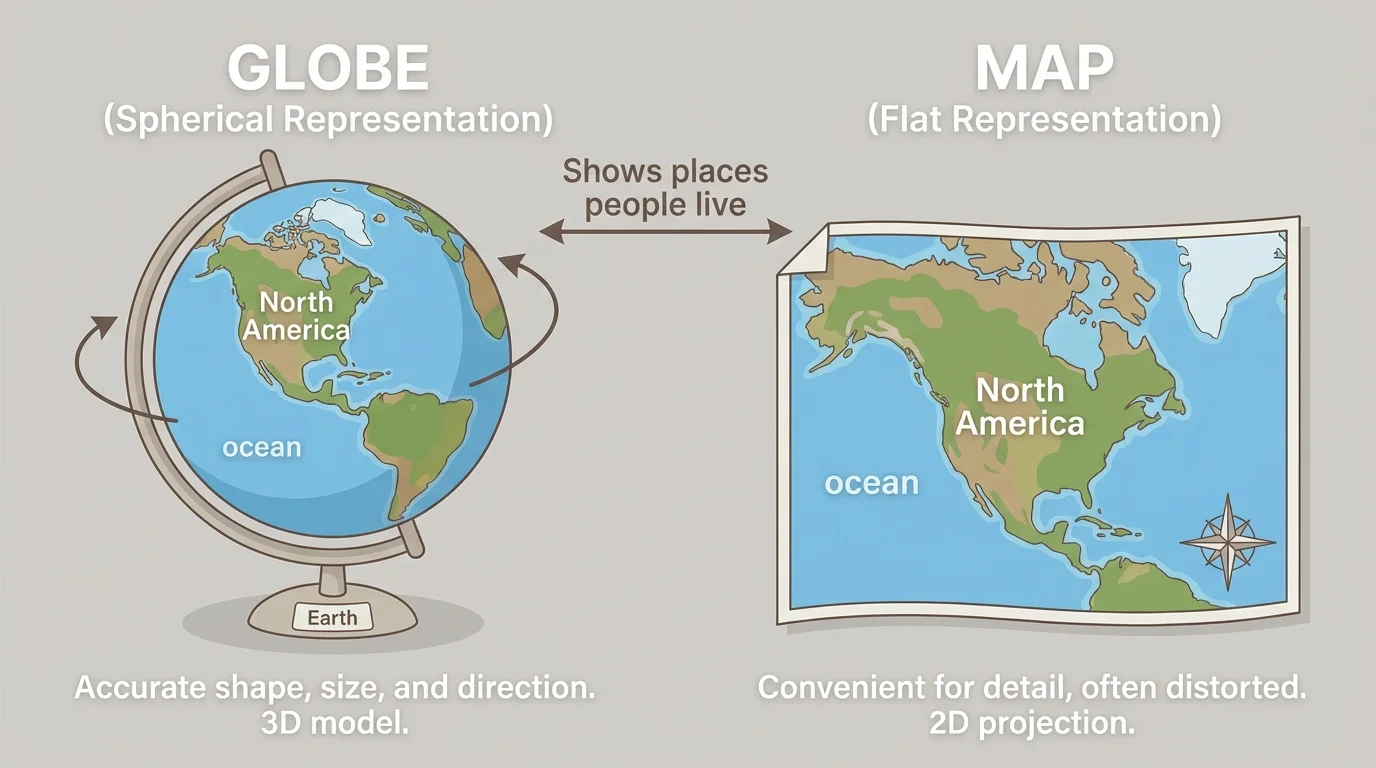 child-friendly globe with blue oceans and green-brown land, labeled North America, ocean, and Earth