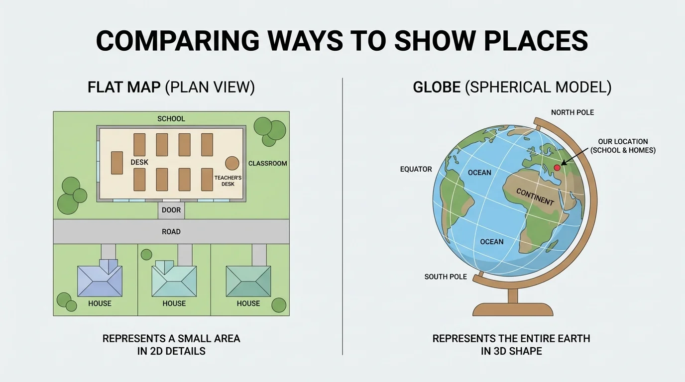 flat map of a classroom and nearby homes with simple labels like door, desk, road, house